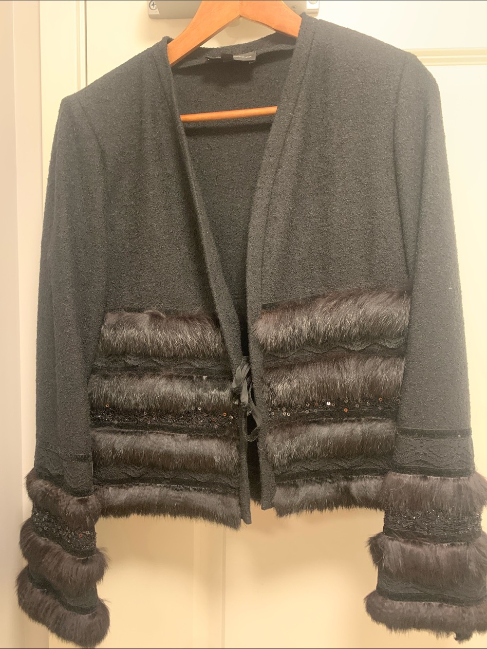 Women's Black Real Fur Trim Open Front Coat